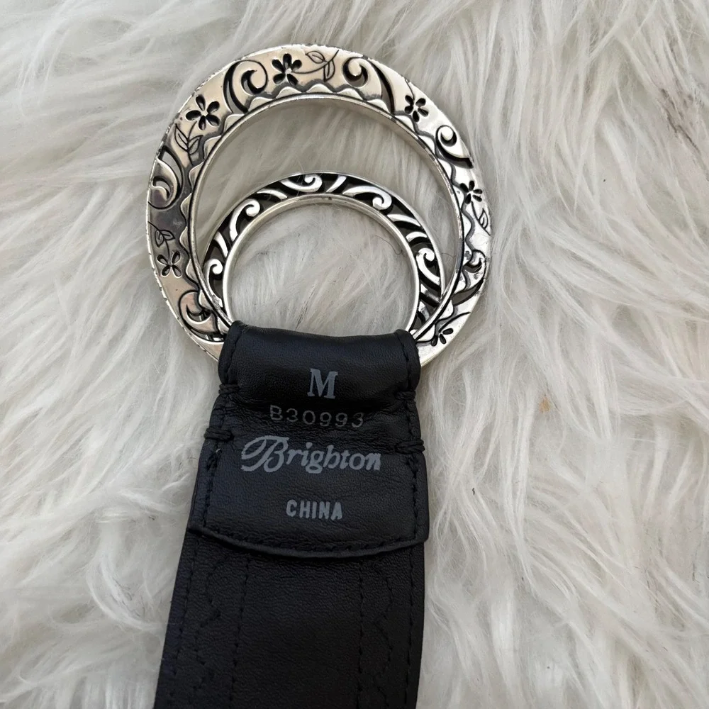 Brighton Black Leather Suede Wide Waist Belt Silver Etched Buckle B30993 Size M